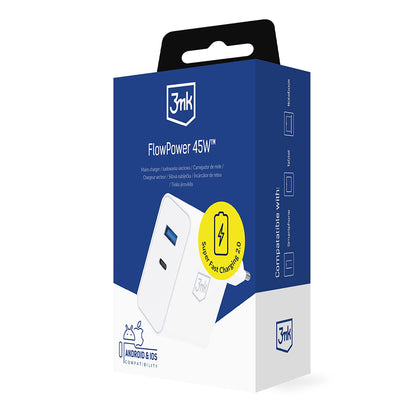 Omrežni polnilec 3MK FlowPower, 45W, 1 x USB-A - 1 x USB-C, bel