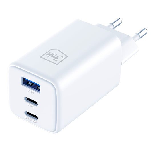 Polnilnik omrežja 3MK Hyper, 65W, 3.25A, 1 x USB-A - 2 x USB-C, Bel