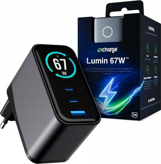 Omrežni polnilec 3MK InCharge Lumin Display, 67W, 5A, 1 x USB-A - 2 x USB-C, Črn