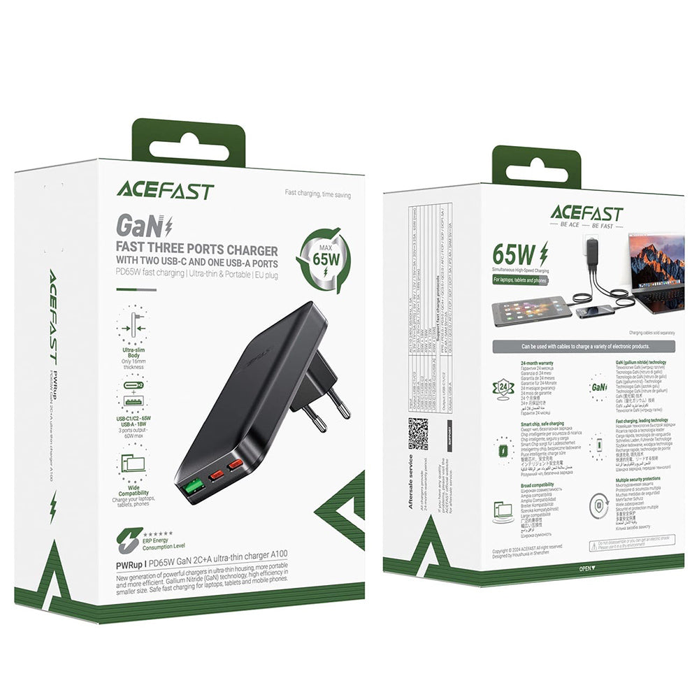 Polnilnik Acefast A100, 65W, 3.25A, 1 x USB-A - 2 x USB-C, črn