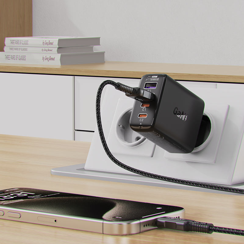 Omrežni polnilec Acefast A61, 45W, 3A, 2 x USB-A - 2 x USB-C, Črn