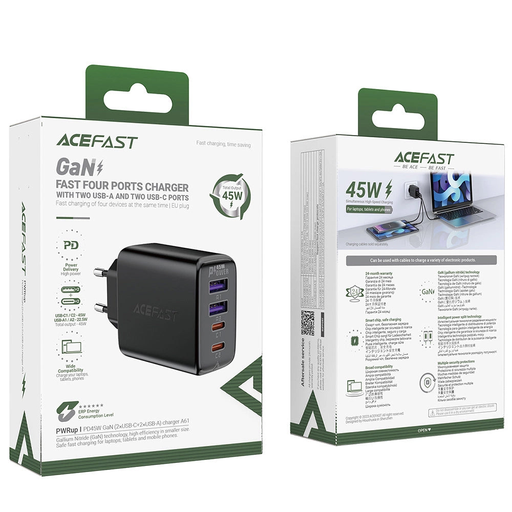 Omrežni polnilec Acefast A61, 45W, 3A, 2 x USB-A - 2 x USB-C, Črn
