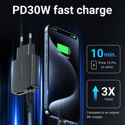 Polnilnik Acefast A69, 30W, 3A, 1 x USB-A - 1 x USB-C, črn