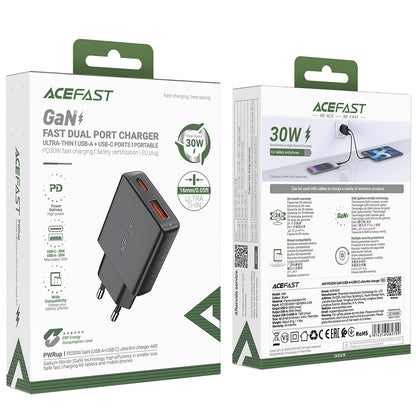 Polnilnik Acefast A69, 30W, 3A, 1 x USB-A - 1 x USB-C, črn