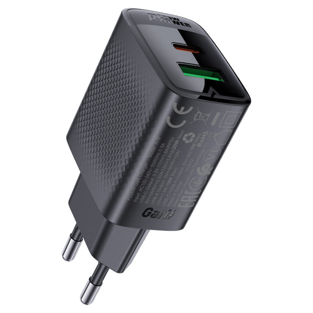 Polnilnik Acefast A78, 20W, 3A, 1 x USB-A - 1 x USB-C, črn