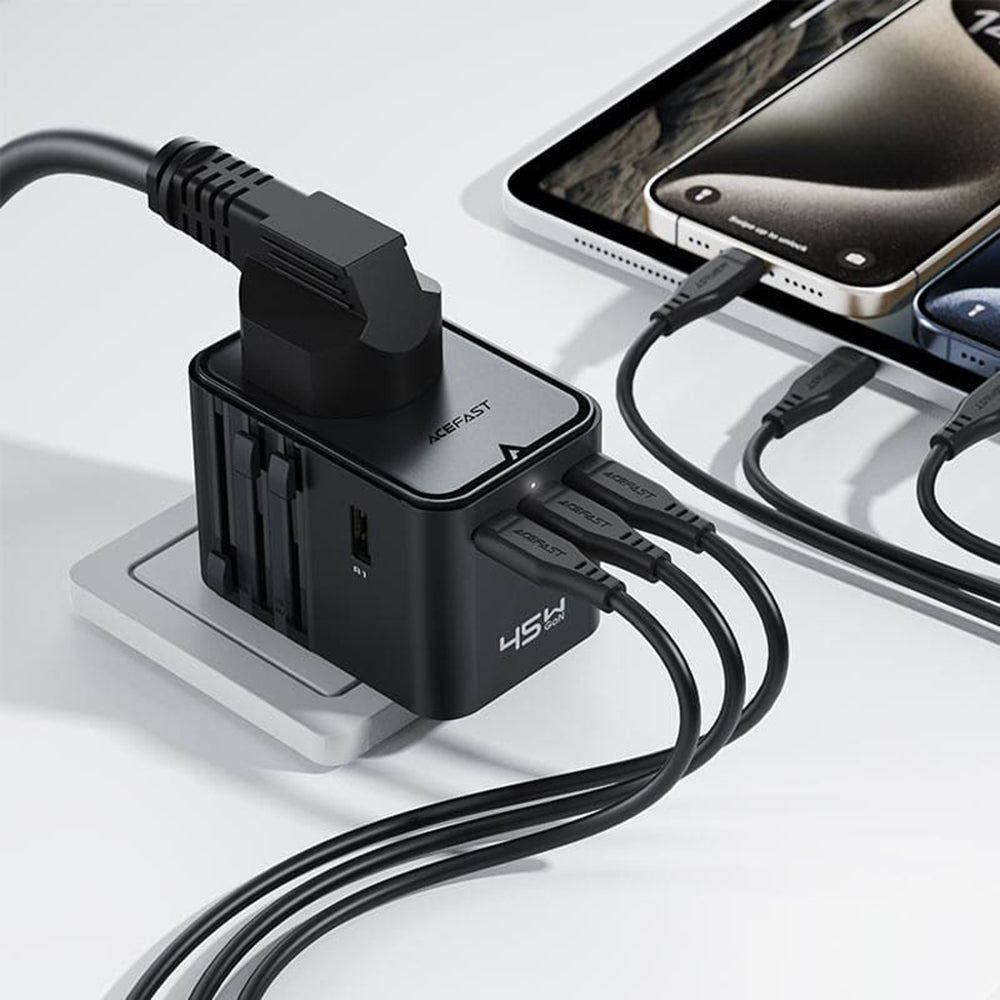 Polnilnik Acefast Z8 Travel, 45W, 3A, 2 x USB-A - 3 x USB-C, črn