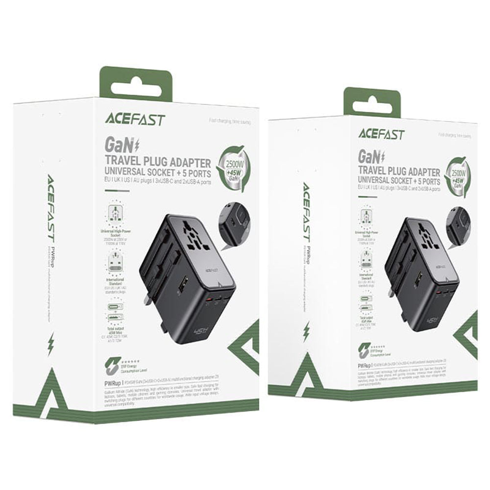 Polnilnik Acefast Z8 Travel, 45W, 3A, 2 x USB-A - 3 x USB-C, črn