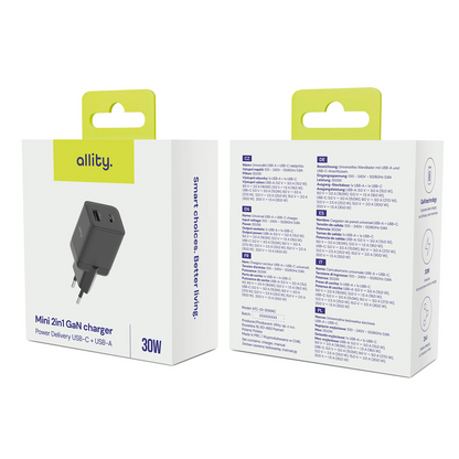 Polnilnik Allity omrežje. ATC-01-30WAC Mini, 30W, 3A, 1 x USB-A - 1 x USB-C, Črn
