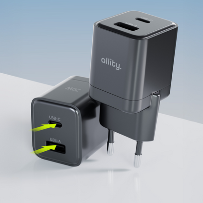 Polnilnik Allity omrežje. ATC-01-30WAC Mini, 30W, 3A, 1 x USB-A - 1 x USB-C, Črn