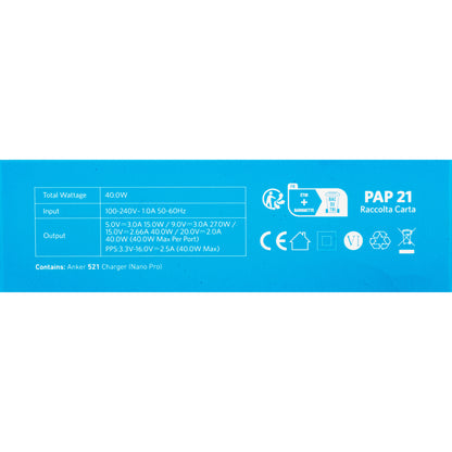 Anker 521 Nano Pro omrežni polnilnik, 40 W, 3A, 2 x USB-C, bel A2038G21 