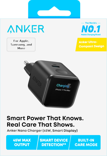 Omrežni polnilec Anker Nano Display, 45W, 3A, 1 x USB-C, Črn A121DG11