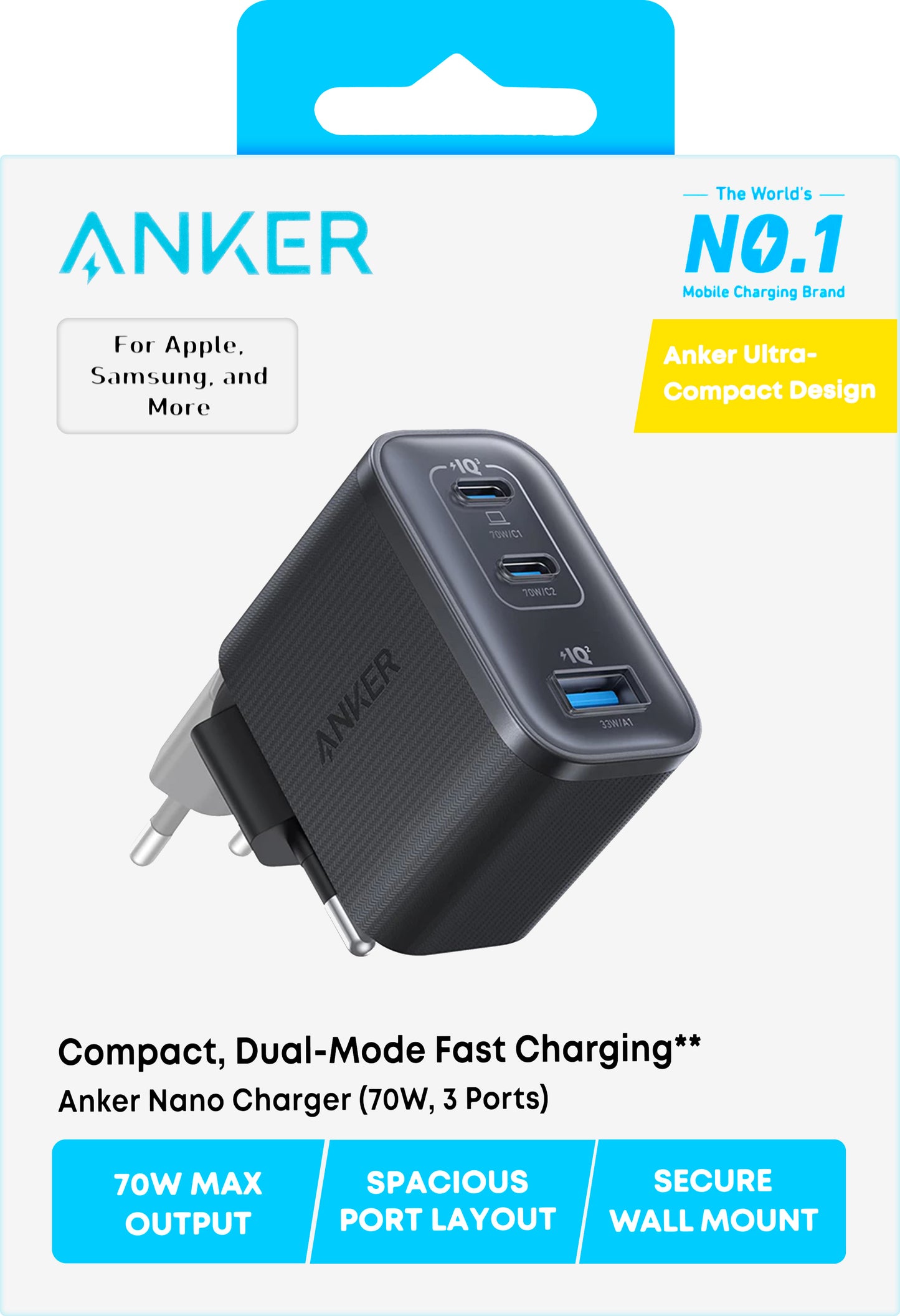 Polnilnik Anker Nano, 70W, 3.5A, 1 x USB-A - 2 x USB-C, Črn A121AL11