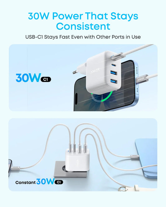 Omrežni polnilec Anker Zolo, 50W, 3A, 2 x USB-A - 2 x USB-C, bel