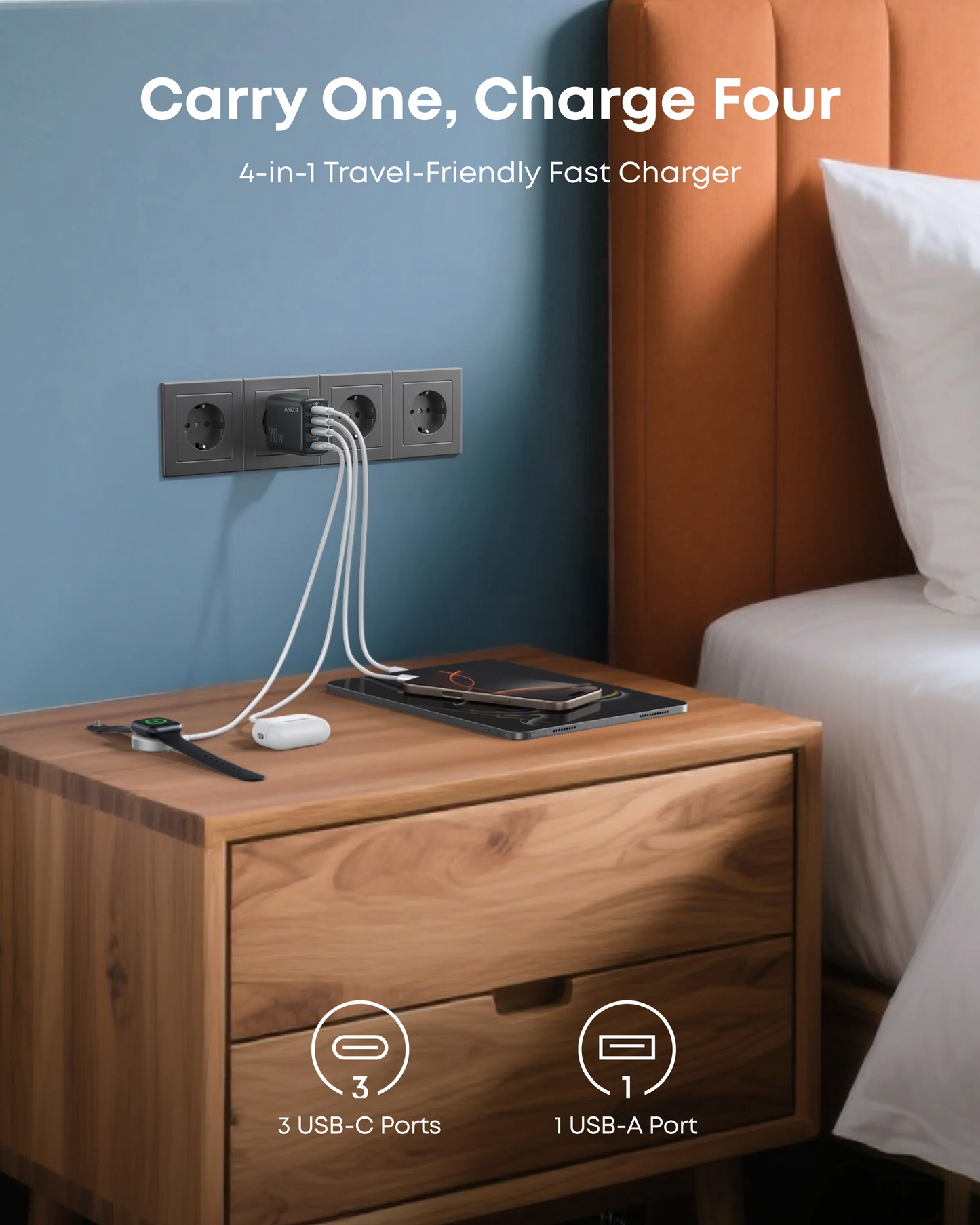 Omrežni polnilec Anker Zolo, 70W, 1 x USB-A - 3 x USB-C, Črn A121CG11