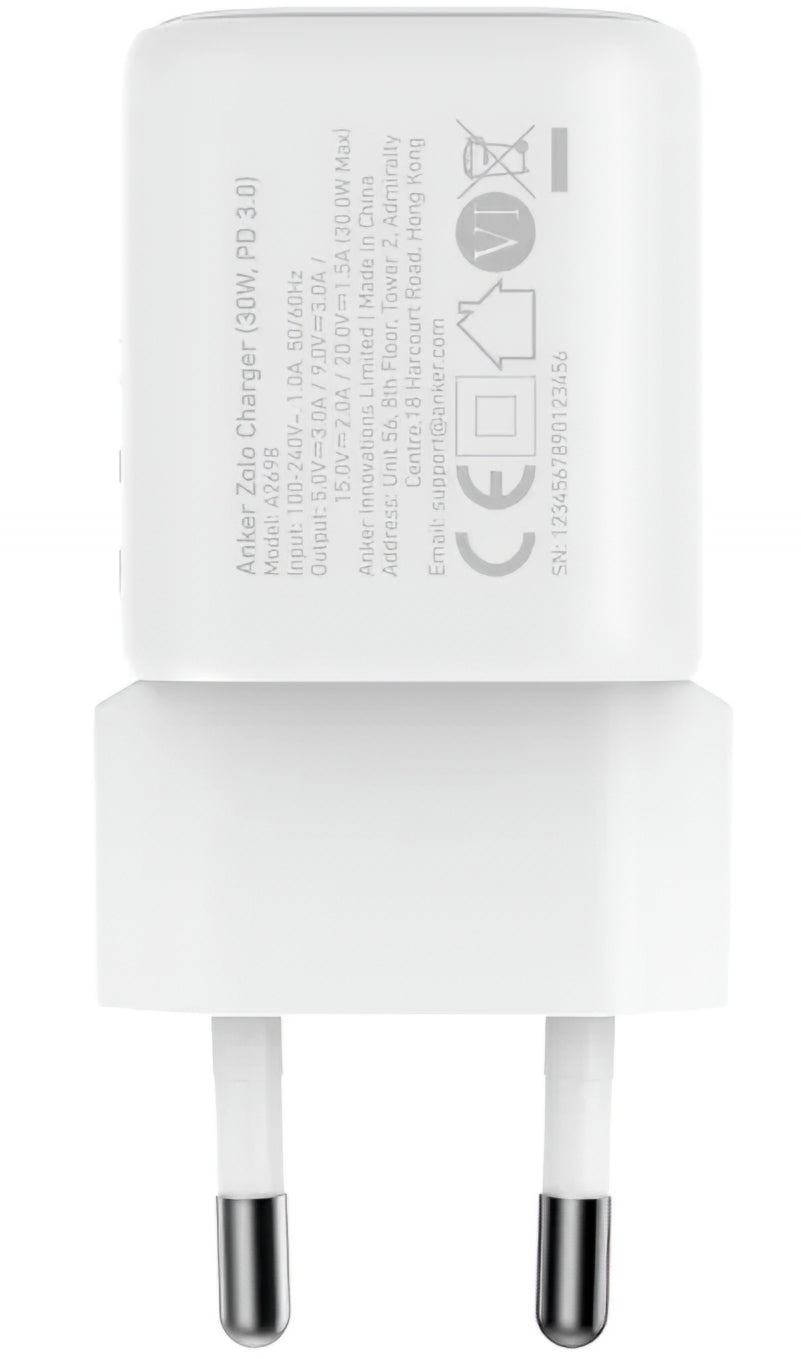 Polnilnik Anker Zolo, 30W, 3A, 1 x USB-C, Bel A2698G21