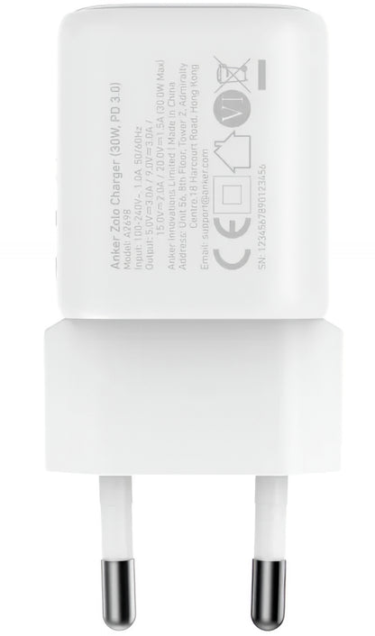 Polnilnik Anker Zolo, 30W, 3A, 1 x USB-C, Bel A2698G21