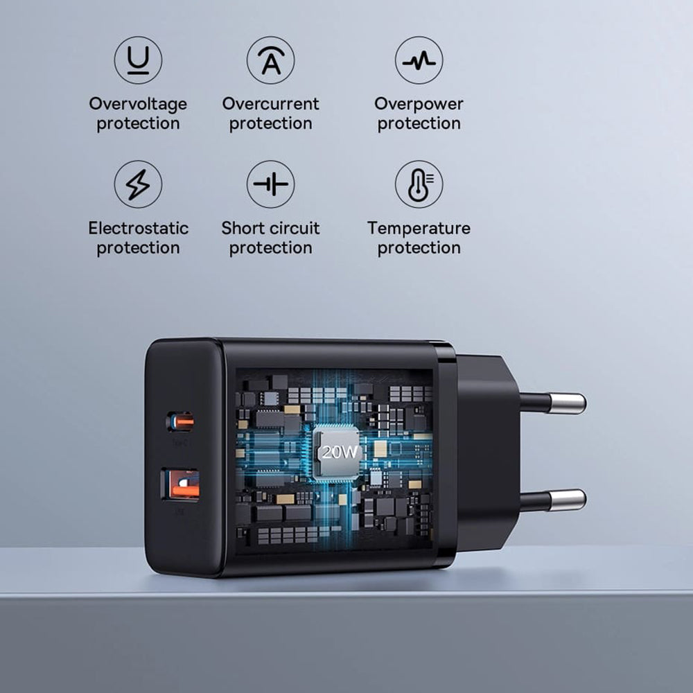 Polnilnik Baseus Cube, 20W, 3A, 1 x USB-A - 1 x USB-C, Črn P10111403113-00
