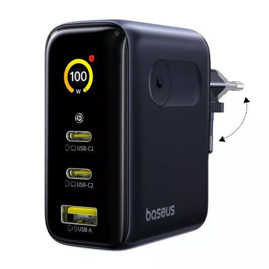 Omrežni polnilec Baseus PicoGo AE21 Display, 100W, 5A, 1 x USB-A - 2 x USB-C, Črn E0121B00