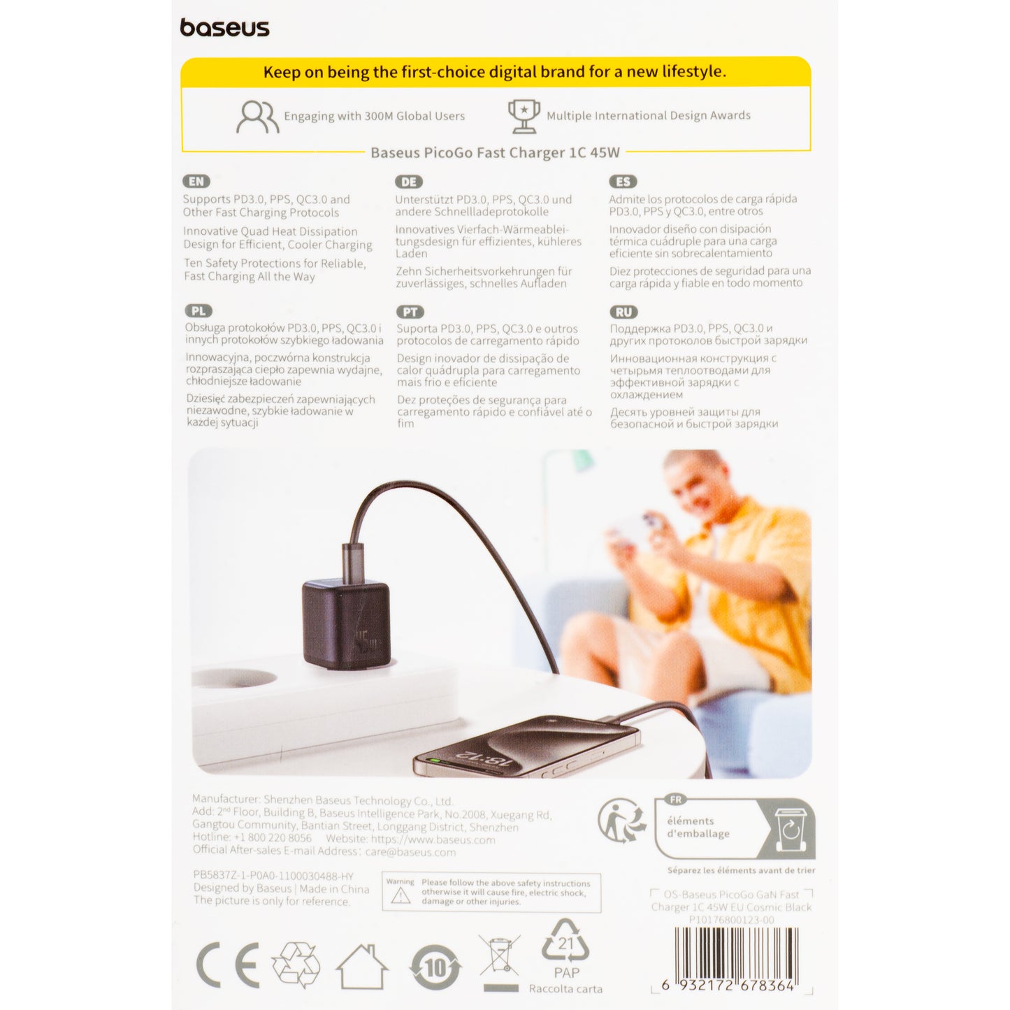 Omrežni polnilec Baseus PicoGo, 45W, 3A, 1 x USB-C, črn P10176800123-00
