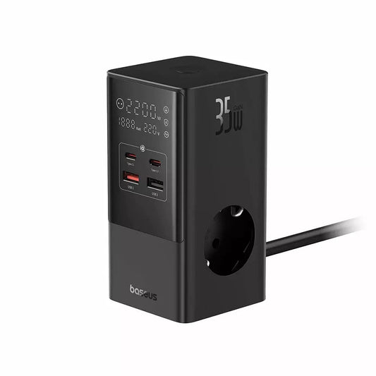 Polnilnik Baseus PowerCombo, 35W, 5A, 2 x USB-A - 2 x USB-C - 3 x Schuko, črn, ponovno zapakiran E00023606113-00