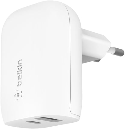 Omrežni polnilec Belkin BoostCharge Dual, 37W, 3A, 1 x USB-A - x USB-C, bel WCB007vfWH