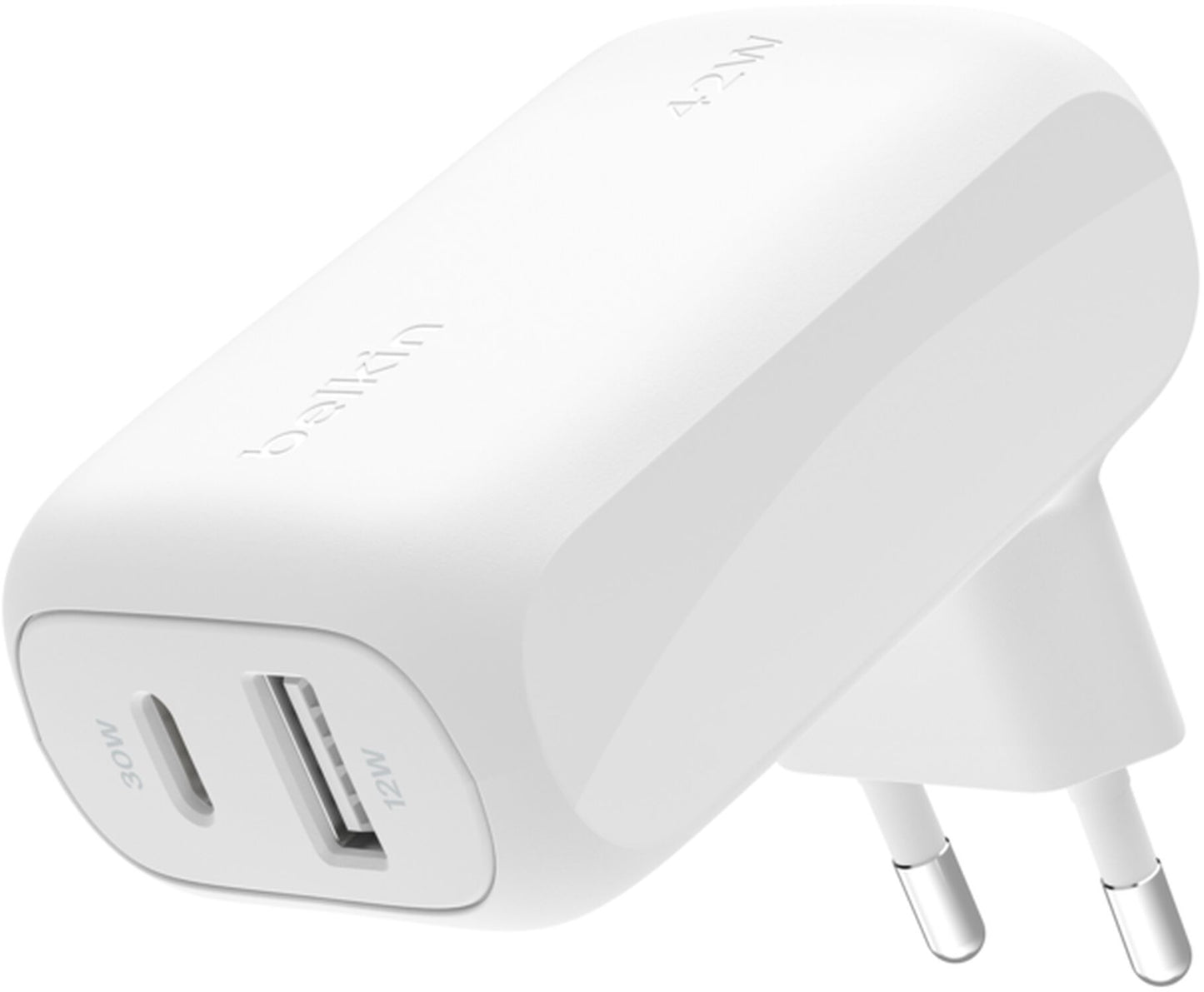 Omrežni polnilec Belkin BoostCharge Dual, 42W, 3A, 1 x USB-A - 1 x USB-C, bel WCB009vfWH
