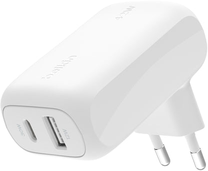 Omrežni polnilec Belkin BoostCharge Dual, 42W, 3A, 1 x USB-A - 1 x USB-C, bel WCB009vfWH