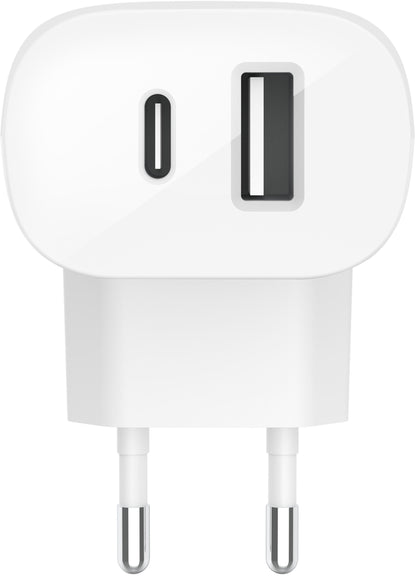 Omrežni polnilec Belkin BoostCharge Dual, 37W, 3A, 1 x USB-A - x USB-C, bel WCB007vfWH