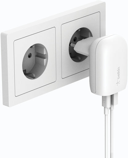 Omrežni polnilec Belkin BoostCharge Dual, 37W, 3A, 1 x USB-A - x USB-C, bel WCB007vfWH