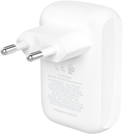 Omrežni polnilec Belkin BoostCharge Dual, 42W, 3A, 1 x USB-A - 1 x USB-C, bel WCB009vfWH