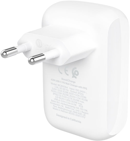 Omrežni polnilec Belkin BoostCharge Dual, 42W, 3A, 1 x USB-A - 1 x USB-C, bel WCB009vfWH