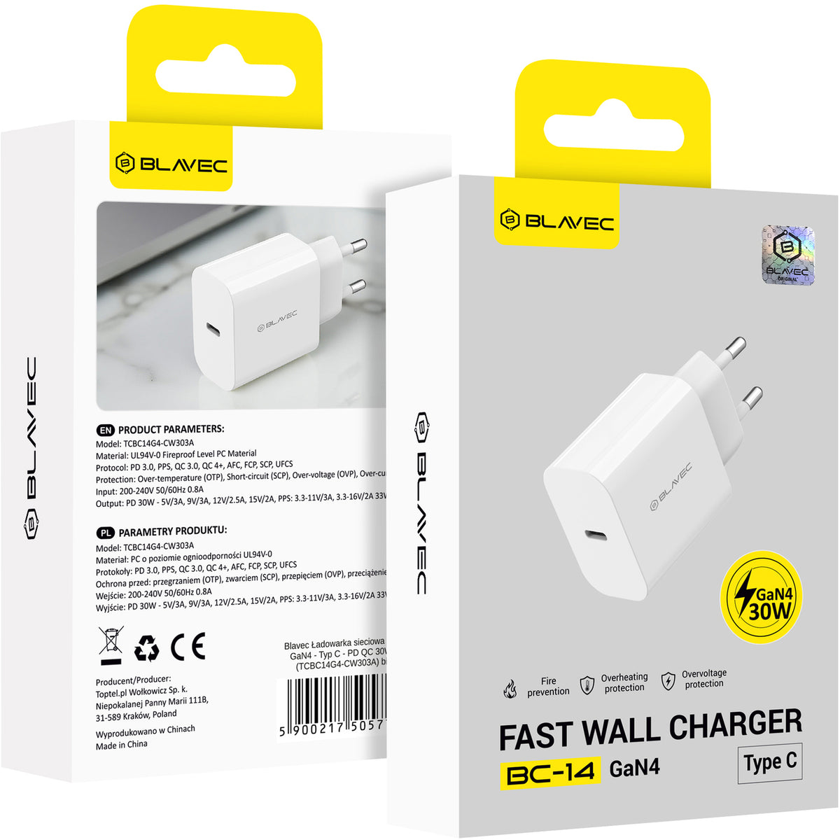 Omrežni polnilnik Blavec BC-14, 30 W, 3 A, 1 × USB-C, bel