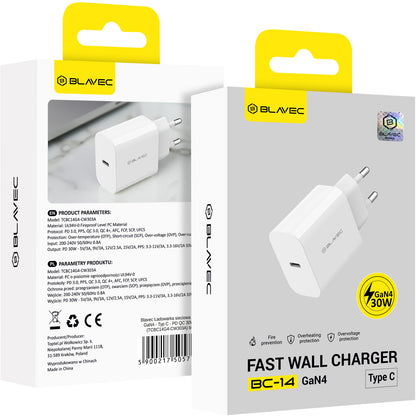 Omrežni polnilnik Blavec BC-14, 30 W, 3 A, 1 × USB-C, bel