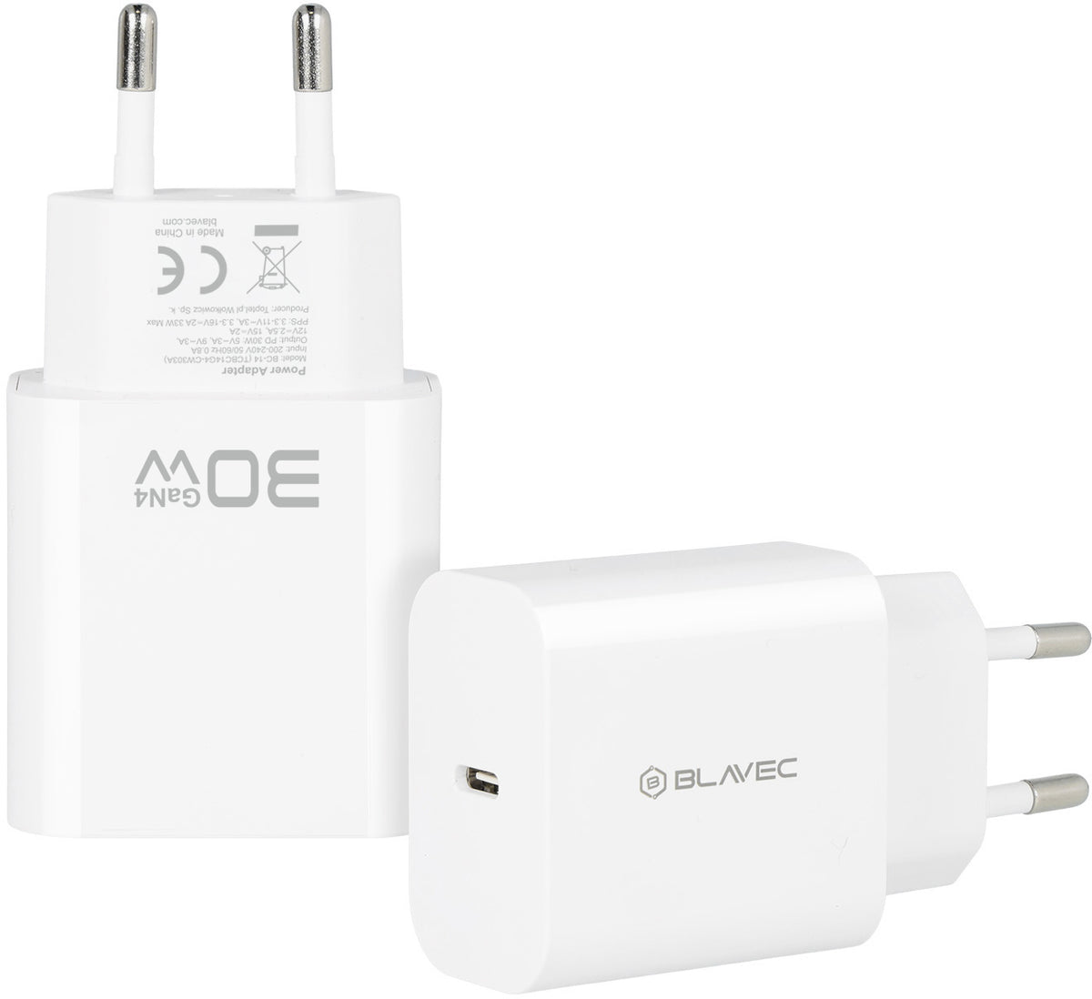 Omrežni polnilnik Blavec BC-14, 30 W, 3 A, 1 × USB-C, bel
