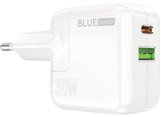 Omrežni polnilnik BLUE Power BC111A, 30 W, 3A, 1 x USB-A - 1 x USB-C, bel 