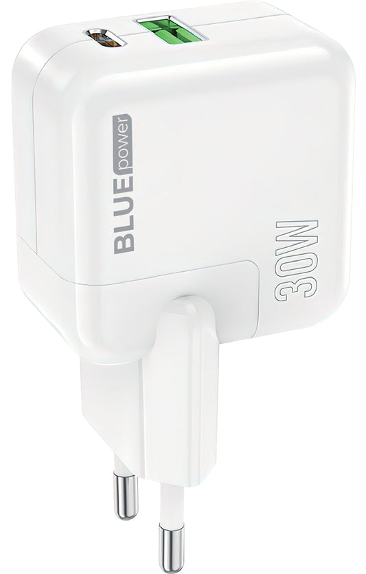 Omrežni polnilnik BLUE Power BC111A, 30 W, 3A, 1 x USB-A - 1 x USB-C, bel 