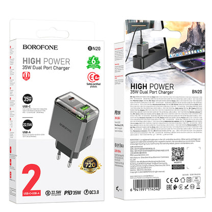 Polnilnik Borofone BN20 Lena, 35W, 3A, 1 x USB-A - 1 x USB-C, Siv