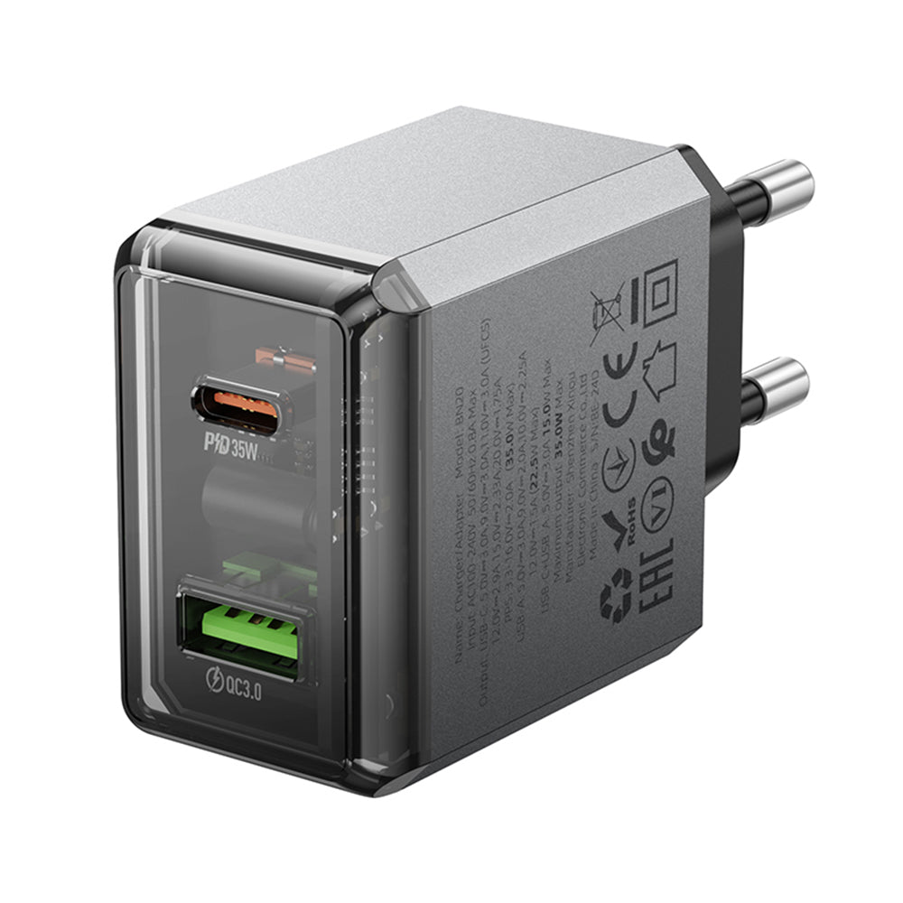 Polnilnik Borofone BN20 Lena, 35W, 3A, 1 x USB-A - 1 x USB-C, Siv