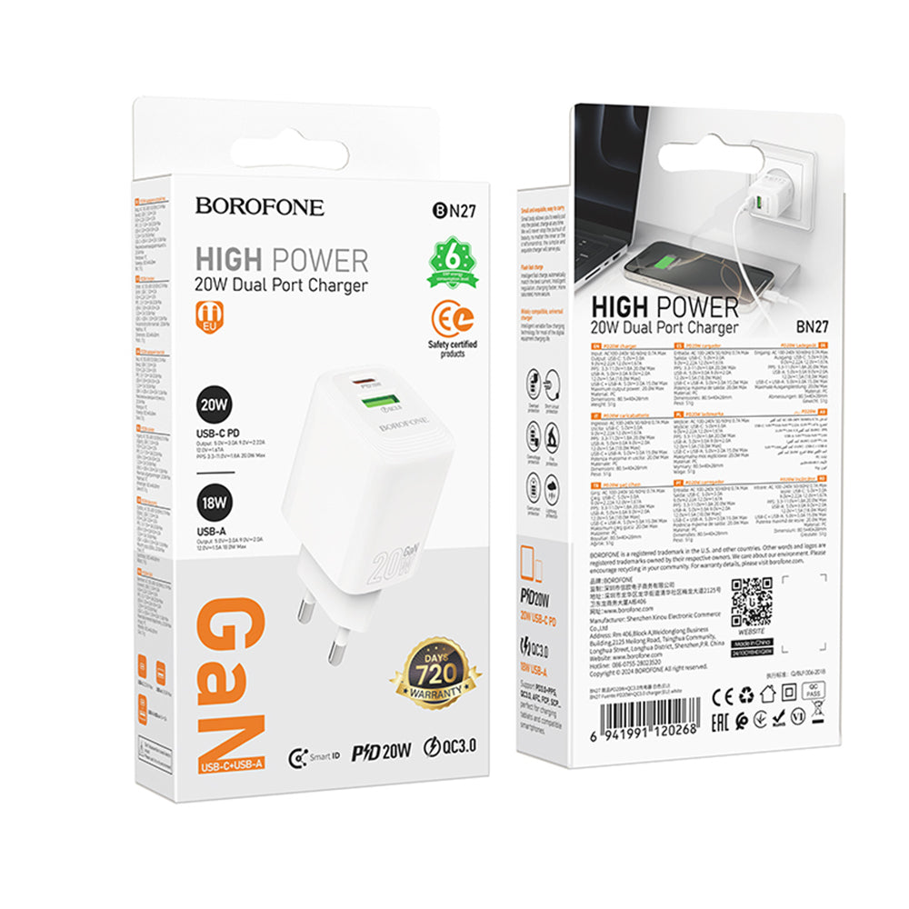 Polnilnik Borofone BN27 Fuente, 20W, 3A, 1 x USB-A - 1 x USB-C, Bel