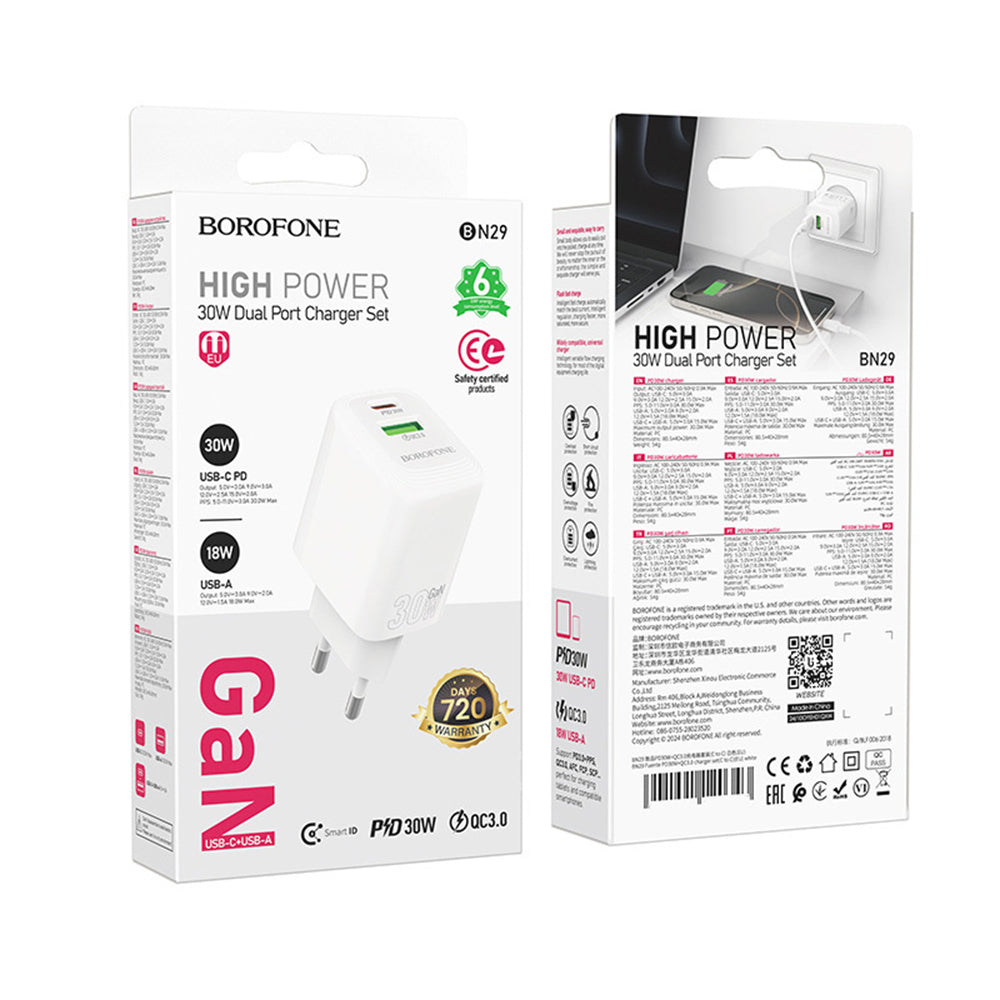 Polnilnik Borofone BN29 Fuente, 30W, 3A, 1 x USB-A - 1 x USB-C, Bel