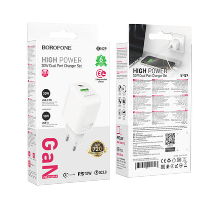 Polnilnik Borofone BN29 Fuente, 30W, 3A, 1 x USB-A - 1 x USB-C, Bel