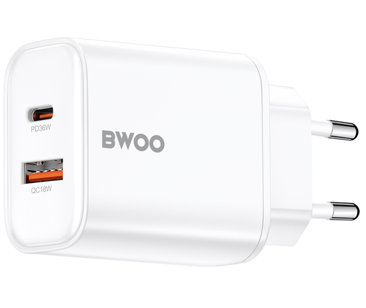 Polnilnik BWOO CDA207, 36W, 3A, 1 x USB-A - 1 x USB-C, Bel