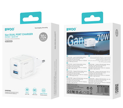 Polnilnik BWOO CDA224, 70W, 3.25A, 1 x USB-A - 1 x USB-C, Bel