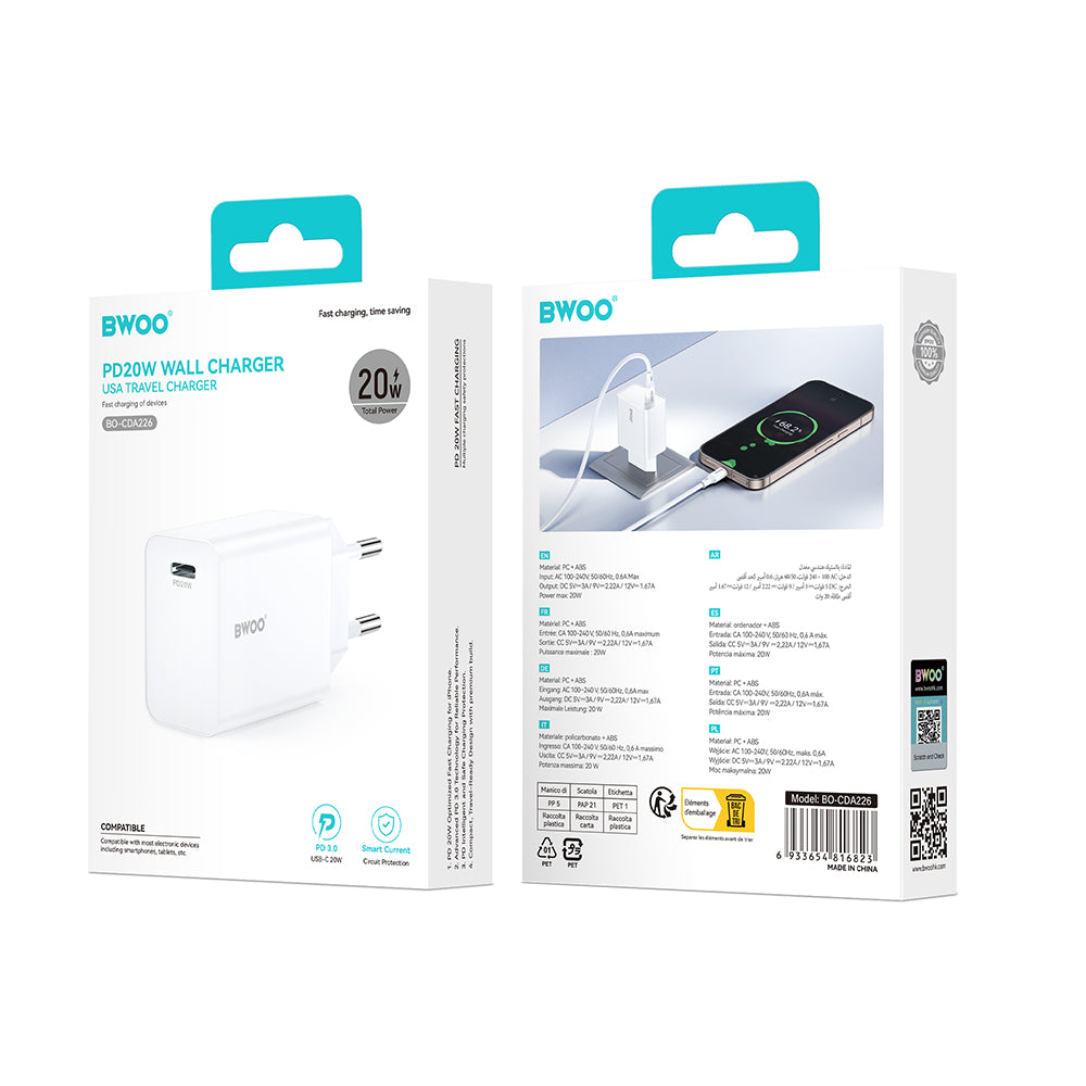 Polnilnik BWOO CDA226, 20W, 3A, 1 x USB-C, Bel