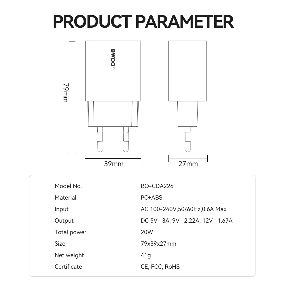 Polnilnik BWOO CDA226, 20W, 3A, 1 x USB-C, Bel