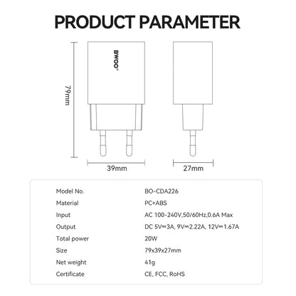 Polnilnik BWOO CDA226, 20W, 3A, 1 x USB-C, Bel