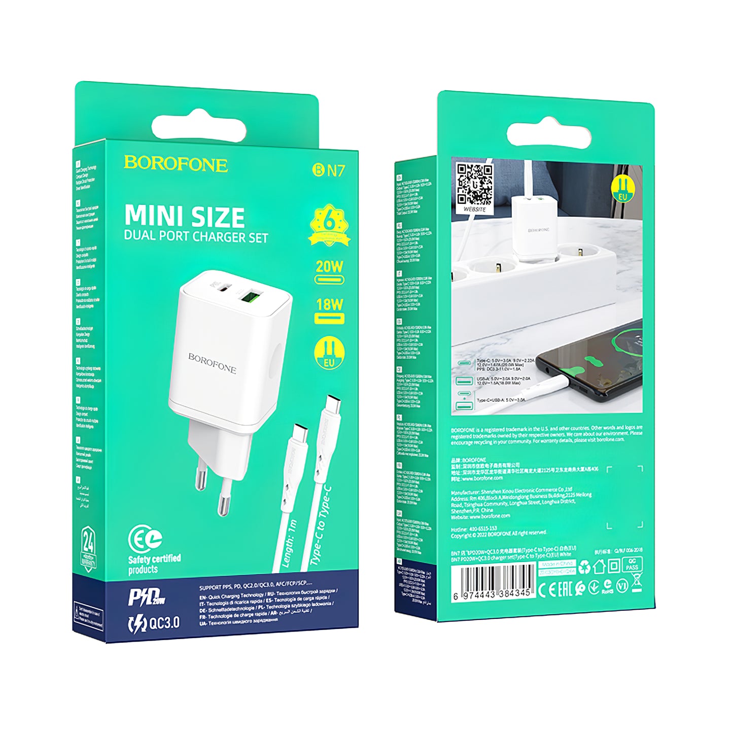 Omrežni polnilnik s kablom USB-C Borofone BN7, 20 W, 3A, 1 x USB-A - 1 x USB-C, bel 