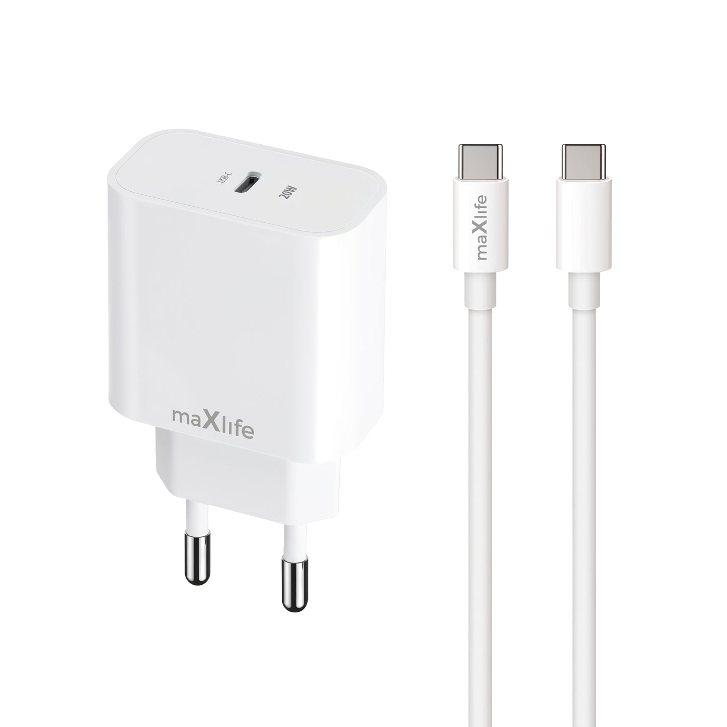 Omrežni polnilec z USB-C kablom MaXlife MXTC-06-20C, 20W, 3A, 1 x USB-C, bel