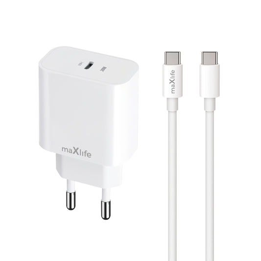 Omrežni polnilec z USB-C kablom MaXlife MXTC-06-20C, 20W, 3A, 1 x USB-C, bel