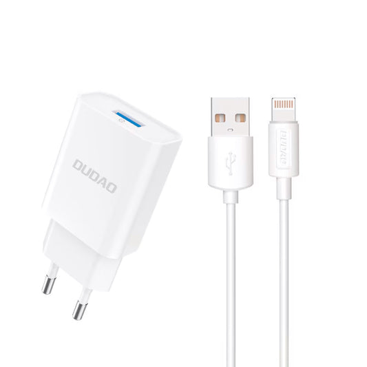 Polnilnik omrežja z Lightning kablom Dudao A4EU, 10W, 2.1A, 1 x USB-A, Bel